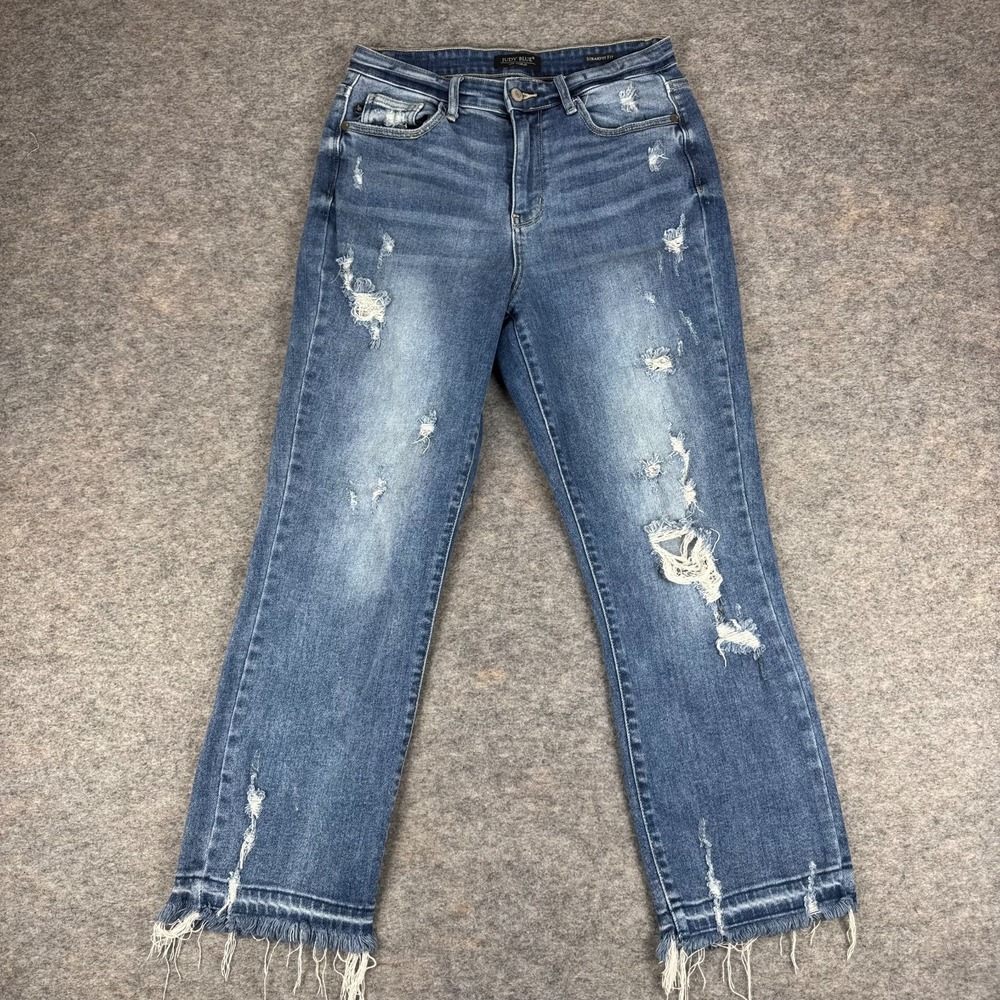 Judy Blue Straight Fit Distressed Denim Jeans Blue Womens 5/27